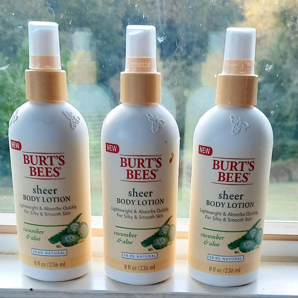 NEW Lot of 3 Bottles Burt's Bees SHEER BODY LOTION - Cucumber and Aloe